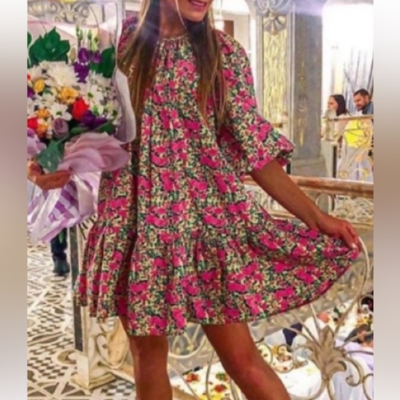 Zara puff shoulder pink floral print dress - Picture 2 of 10